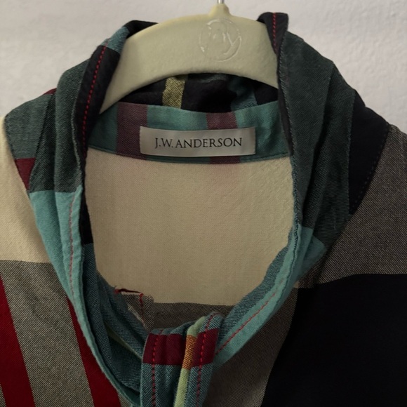 J W ANDERSON sz 4 Blue Long Sleeve Tie Plaid Button Down Leather Patch Pocket - Picture 3 of 16